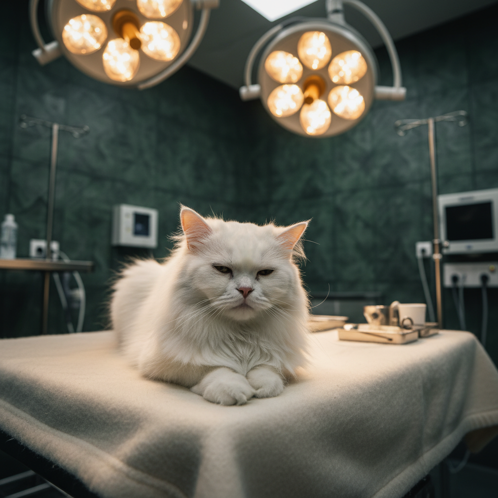 Kucing putih berbaring di meja operasi dalam ruangan medis
