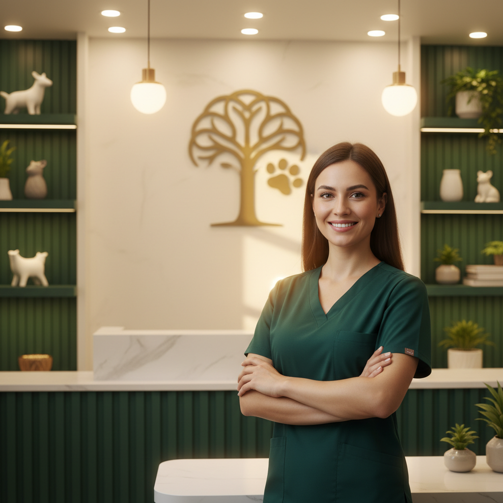 Dokter hewan wanita tersenyum di klinik hewan yang modern