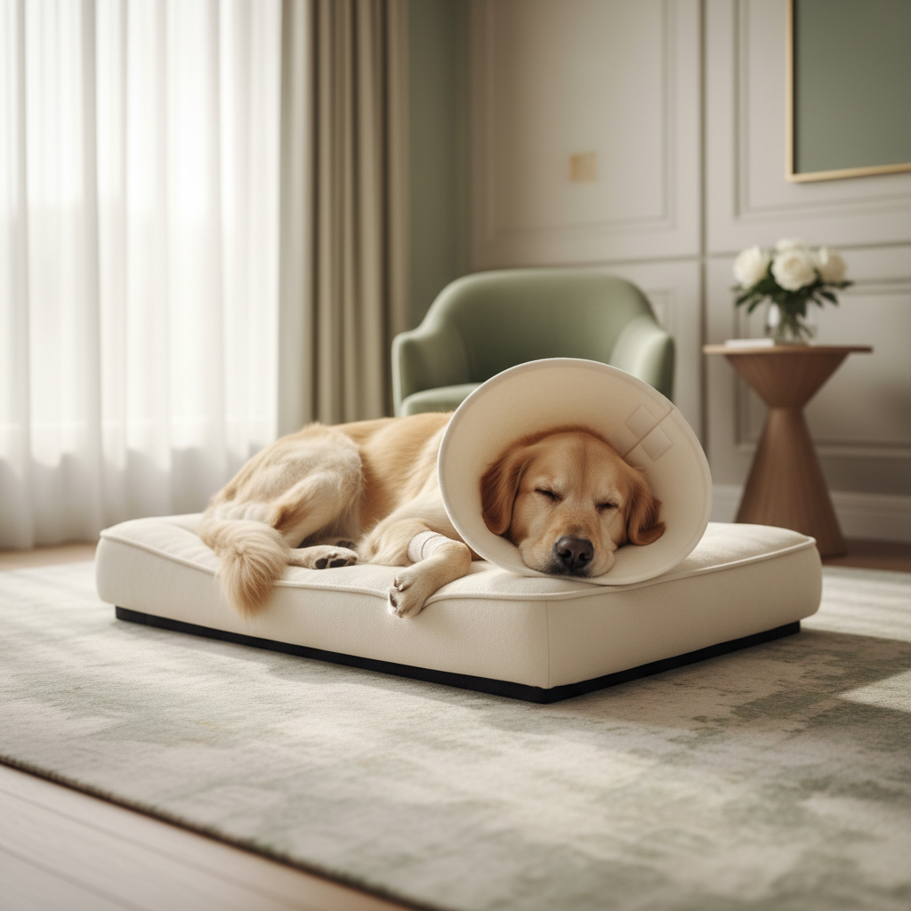 Anjing golden retriever dengan kerah Elizabethan tidur di tempat tidur anjing