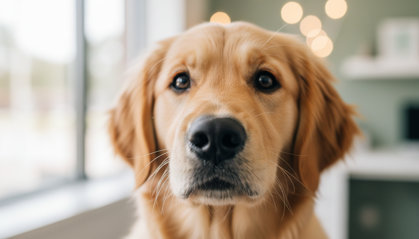 Potret close-up anjing golden retriever yang menggemaskan dengan mata cokelat yang lembut
