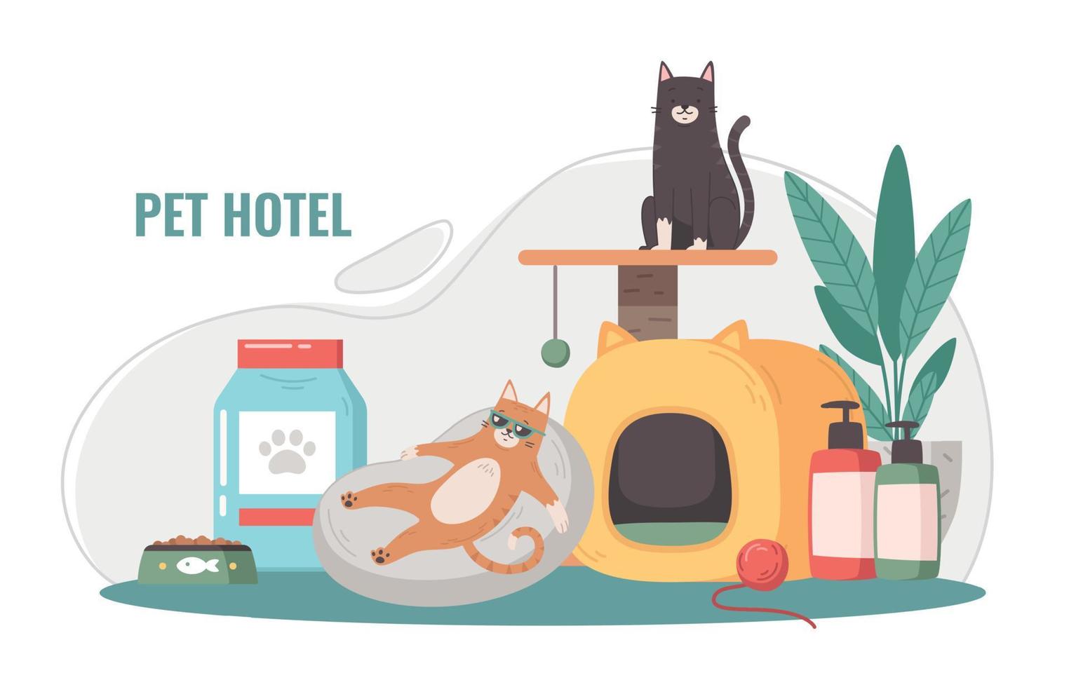 Hotel kucing dengan kucing oranye santai, kucing hitam, makanan, dan pohon kucing.