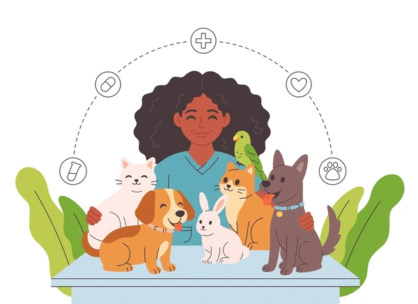 Dokter hewan wanita merawat berbagai hewan peliharaan: kucing, anjing, kelinci, dan burung.
