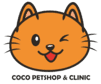 Logo Coco Petshop & Clinic bergambar kucing oranye tersenyum