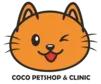 Logo Coco Petshop & Clinic bergambar kucing oranye tersenyum